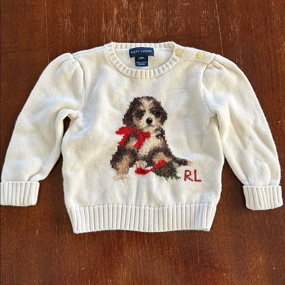 Ralph Lauren Cream Sweater with Puppy and Red Bow